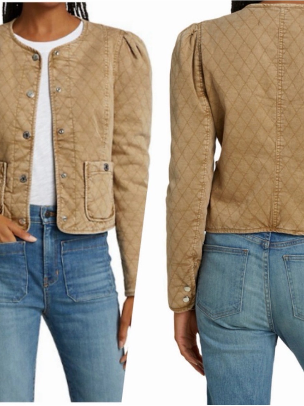 NWT Veronica Beard Camilla Quilted Tan Women's Jacket Puff Sleeve Snap Front L